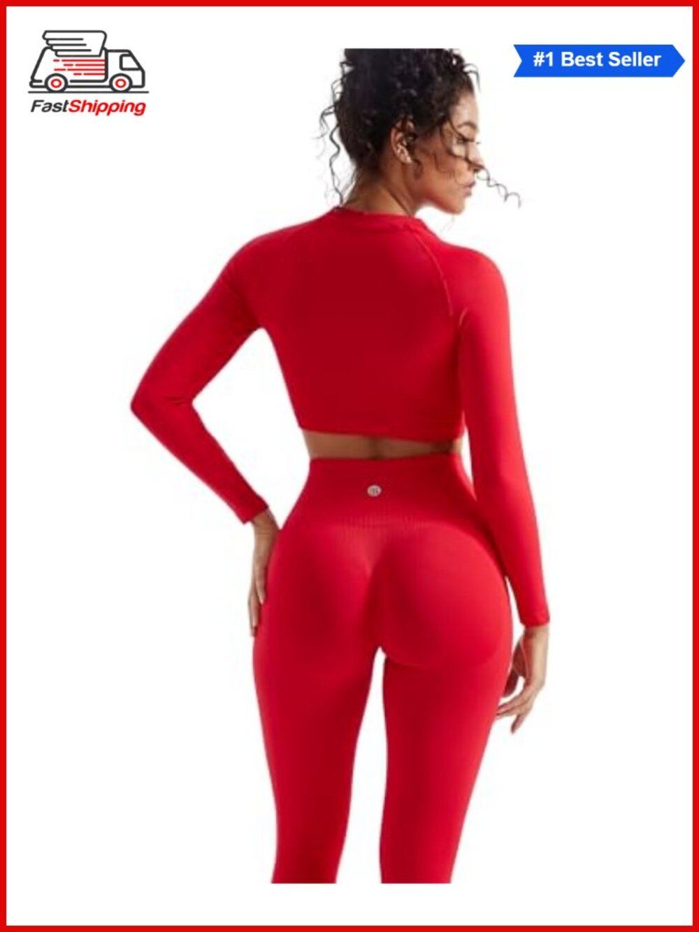 ✨SUUKSESS 2 Piece Workout Set Seamless Ribbed Leggings Long Sleeve Crop Top